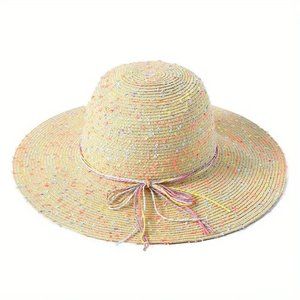 Wide-Brim Yellow Straw Sun Hat with Multicolor Bow